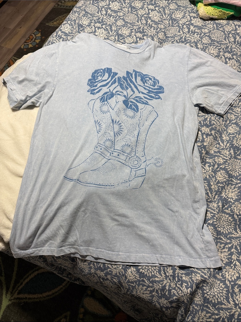 Light Blue Women's Short Sleeve Tee with Cowboy Boot & Rose Graphic